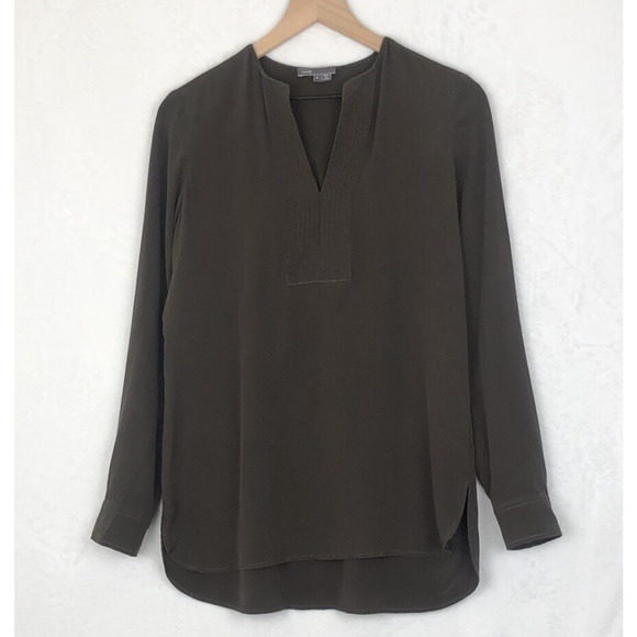 VINCE 100% Silk Tunic Top Women's Sz 4 Brown Long Sleeve‎ Popover V-Neck Luxury - Picture 1 of 12